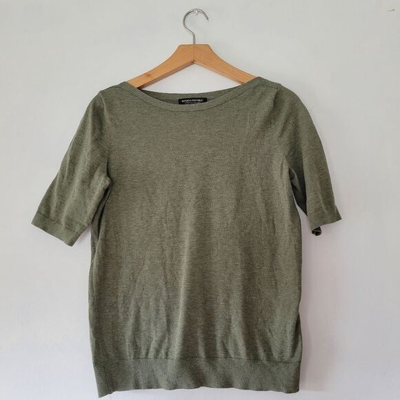Banana Republic Stretch Cotton Olive Green Short Sleeve Sweater Boat Neck Small - Picture 1 of 5